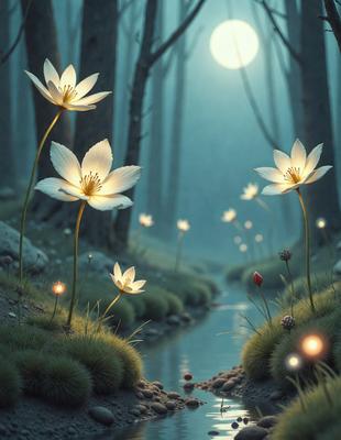 The primary subject of the image is a group of white flowers, which are the main objects in the scene. The flowers are situated in a grassy area near a stream, creating a serene and natural setting. The visual style of the image is digital art, as it appears to be a painting or drawing created using digital tools. The colors in the image are predominantly white, which gives the scene a calm and peaceful atmosphere.